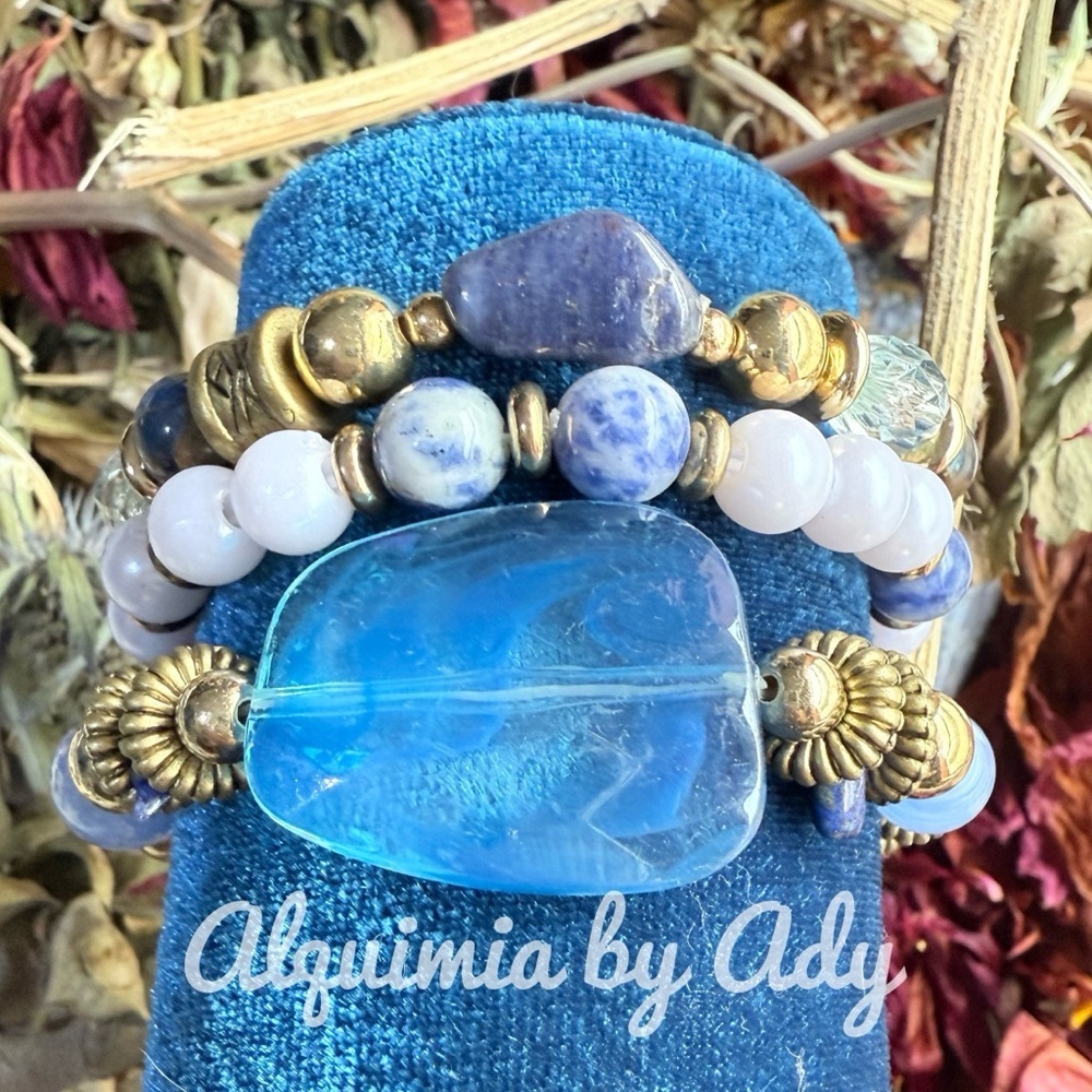 Blue nd god Apis lazuli statement bracelet set stack trio